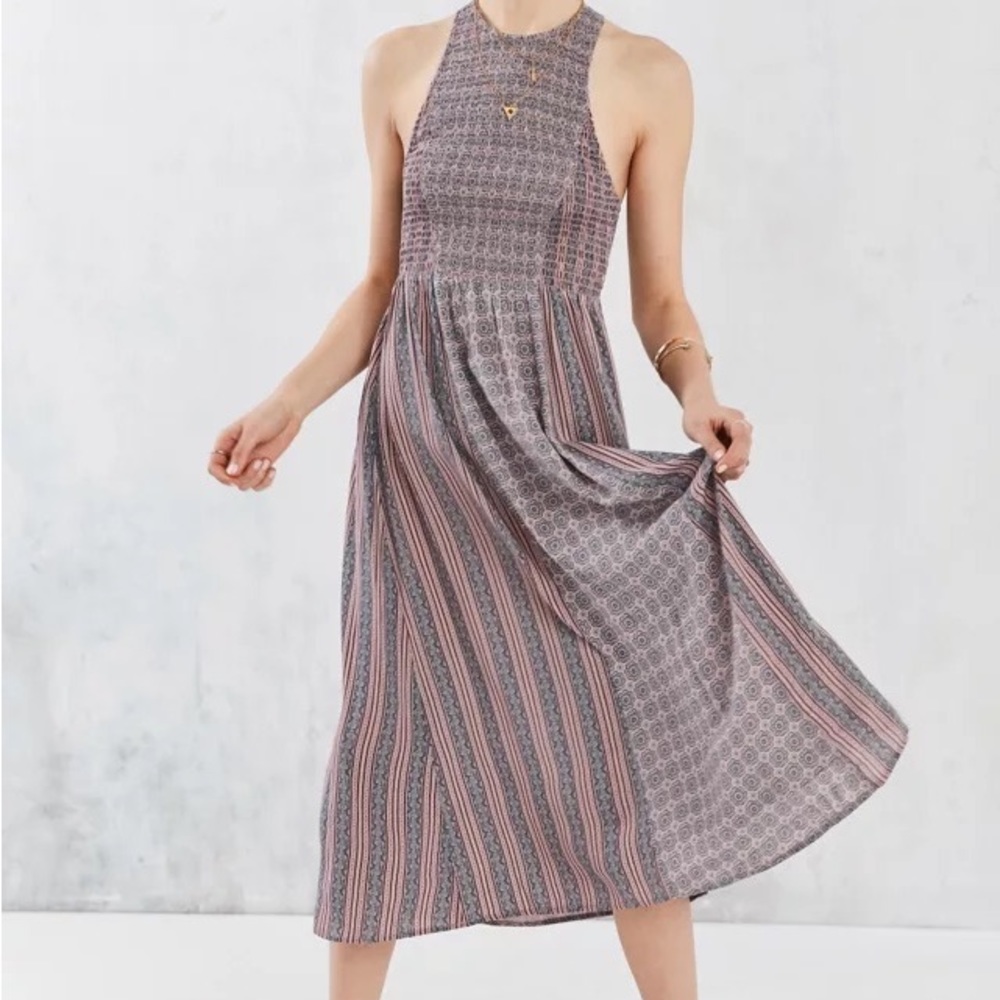 Kimchi Blue Striped & Geometric Midi Dress in Pink and Gray